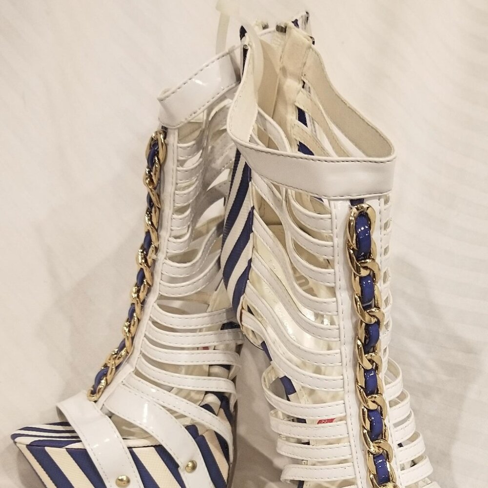 Red Kiss 6" Blue and White Strappy Platform Heels Size 9 Never worn